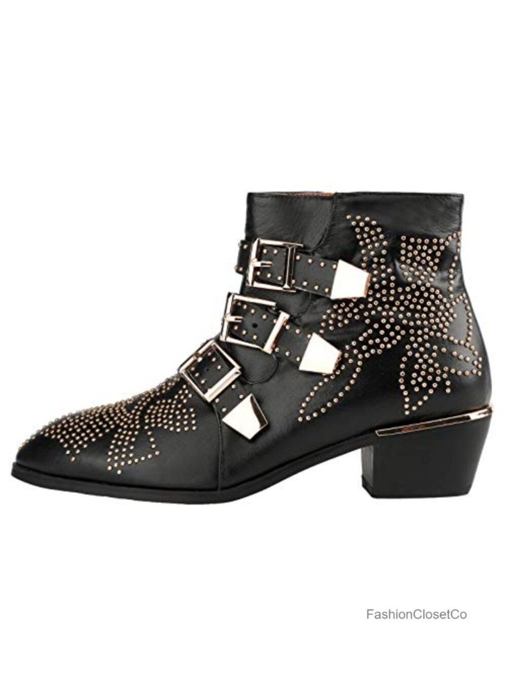 Genuine Leather Studded Ankle Booties Chunky Heel Zipper Punk Boots